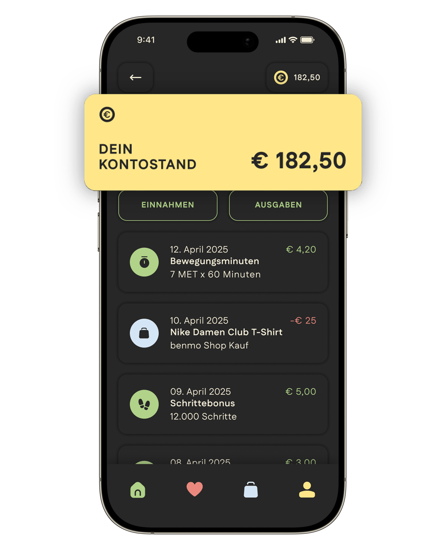 benmo app dashboard, move to earn, geld verdienen mit bewegung, fitness app, sport app